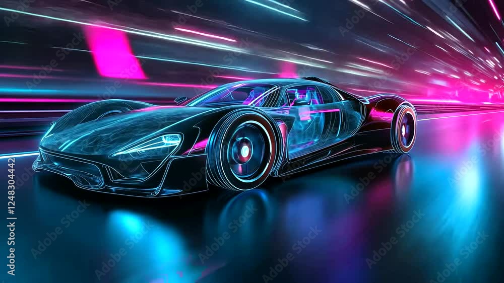 Futuristic car speeding neon highway, night Futuristic car speeding neon highway, night