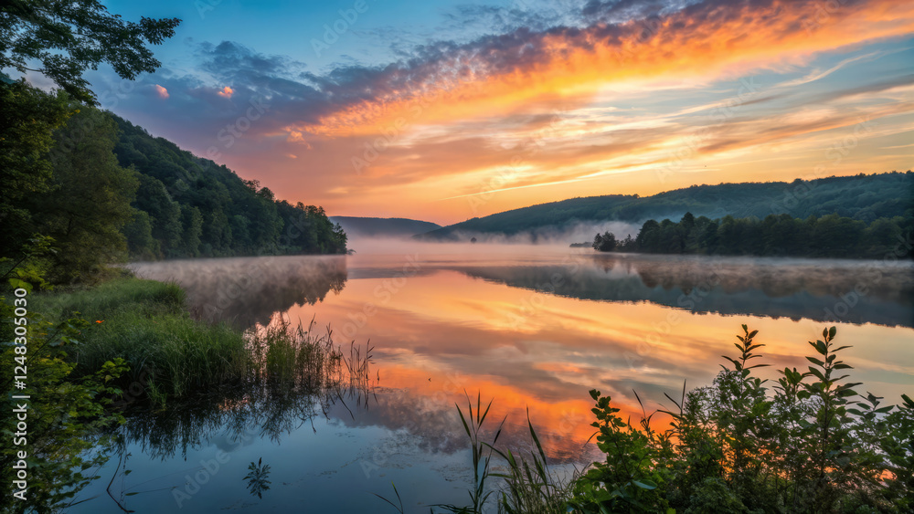 Fototapeta premium Serene landscape with vibrant sunset reflections on calm water