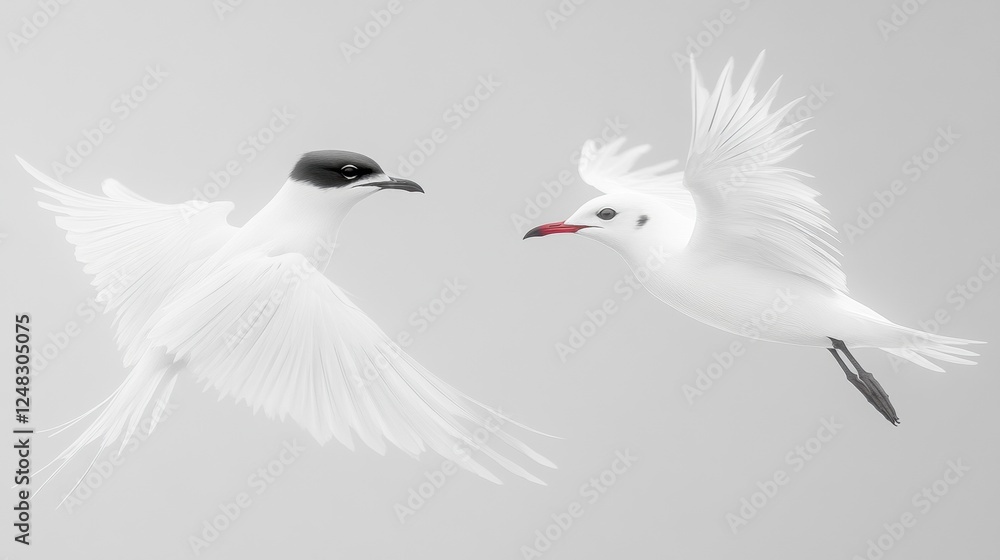 Fototapeta premium Two Elegant Birds in Flight Against a Soft Neutral Background