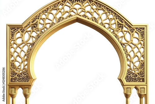 Ornate golden archway, Islamic design, empty frame, white background photo