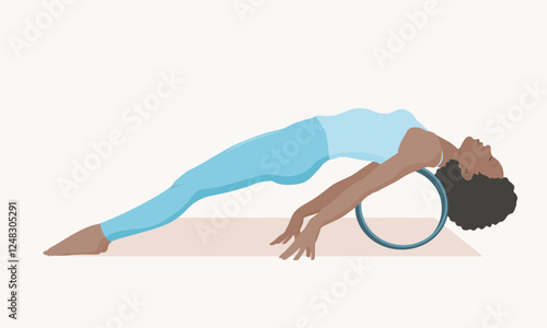 Vector illustration of young woman in blue outfit practicing yoga.Young female doing purvottanasana with yoga wheel. Upward plank pose.Exercise for good posture, flexibility, balance and open chest.