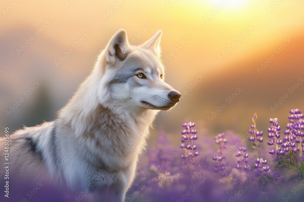 Obraz premium Graceful wolf in a purple field of lupines at sunrise. Evokes themes of tranquility, wilderness, and natural beauty.
