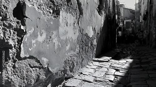 Fototapeta Naklejka Na Ścianę i Meble -  Sunlit Alleyway, Crumbling Walls, Italian Town
