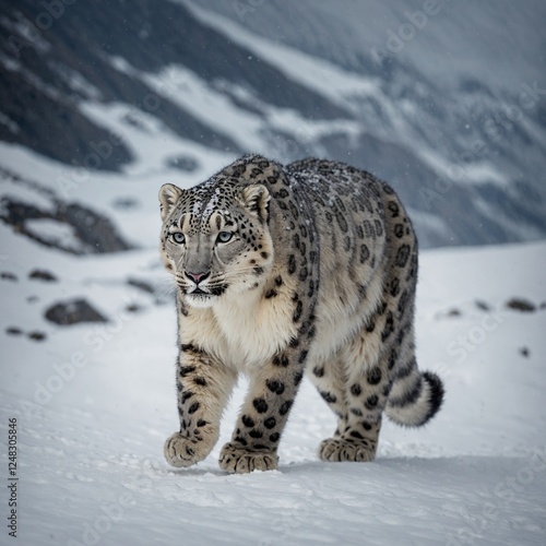 A snow leopard gracefully walking through the snowy Himalayas, symbolizing rare and endangered species.