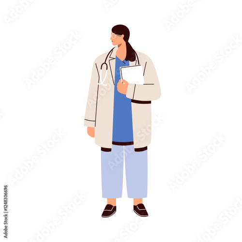 Female doctor in medical coat, holding clipboard. Healthcare professional standing with documents in hand. General practitioner, physician. Flat vector illustration isolated on white background