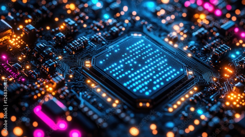 Glowing CPU on circuit board, tech background Glowing CPU on circuit board, tech background
