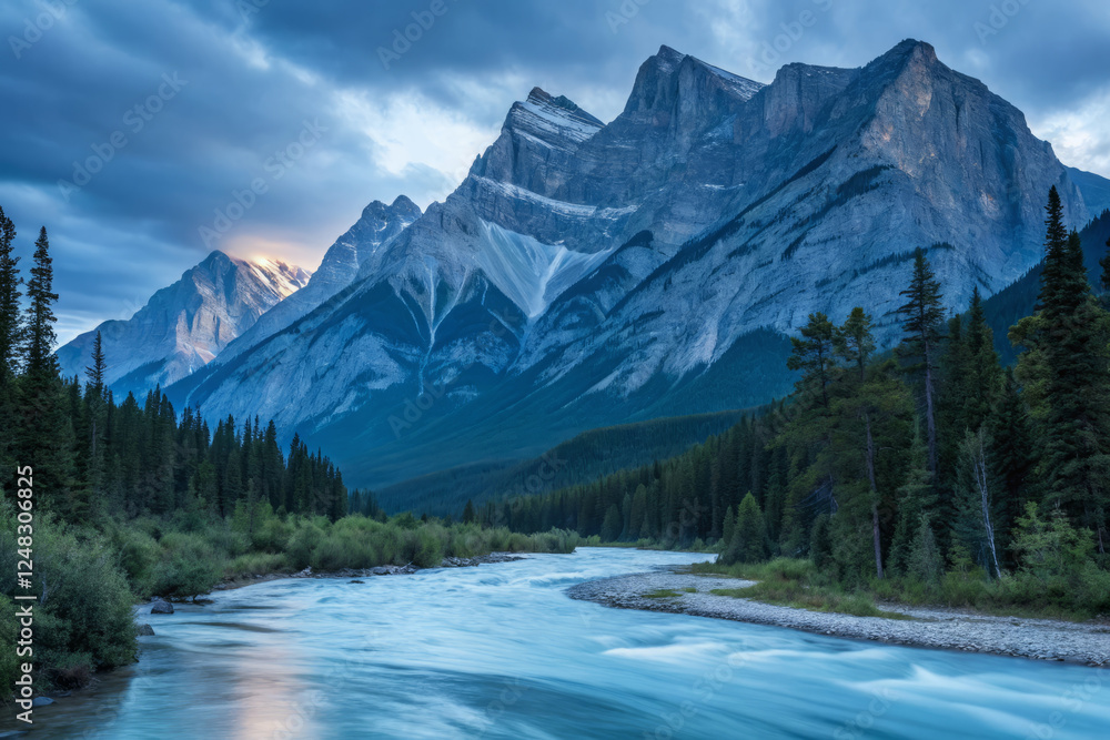 Fototapeta premium Majestic mountains and serene river under cloudy sky create tranquil landscape
