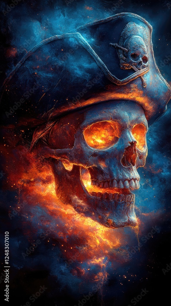 Obraz premium A glowing pirate skull emerges from fiery clouds, symbolizing adventure and danger in a mystical realm