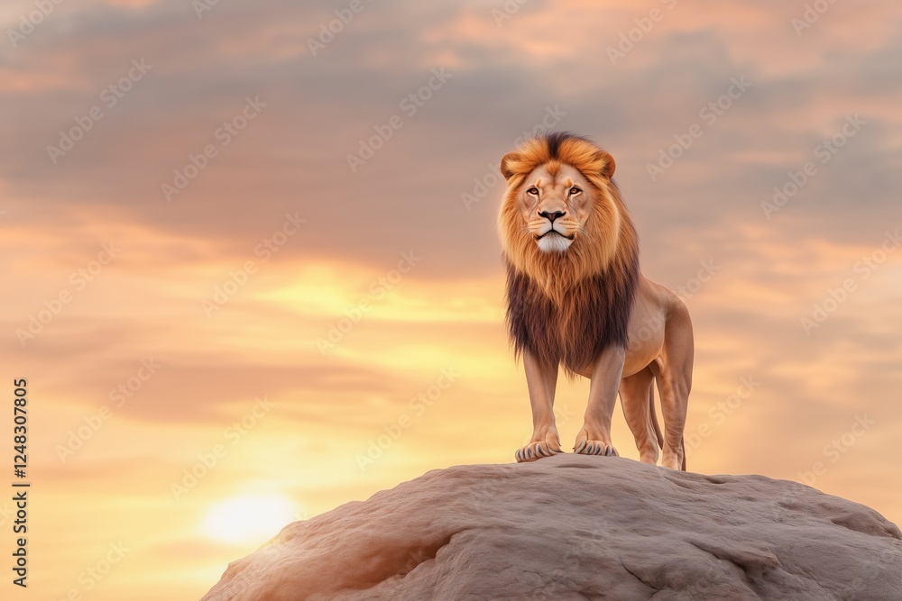 Majestic lion standing on a rock during sunset with a golden sky. Represents strength, nature, and wildlife. Majestic lion standing on a rock during sunset with a golden sky. Represents strength, nature, and wildlife.
