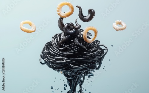 A bold squid ink pasta dish with seafood toppings, floating calamari rings, and a swirl of dark sauce, pastel blue-gray background photo