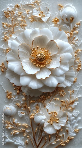 Elegant white flower sculpture with golden accents, showcasing intricate details and floral design