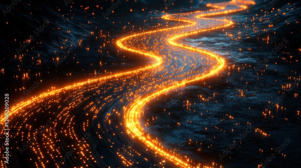 Glowing river flows through dark landscape, digital art Glowing river flows through dark landscape, digital art