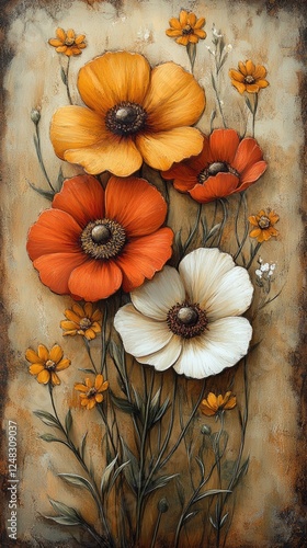 Vibrant floral arrangement featuring orange, red, and white flowers against a textured background