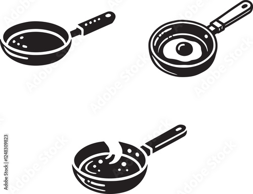 Set of Frying Pan Silhouettes with Cooking Utensils and Food
