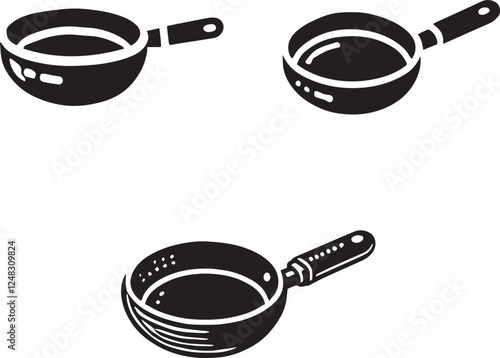 Set of Frying Pan Silhouettes with Cooking Utensils and Food