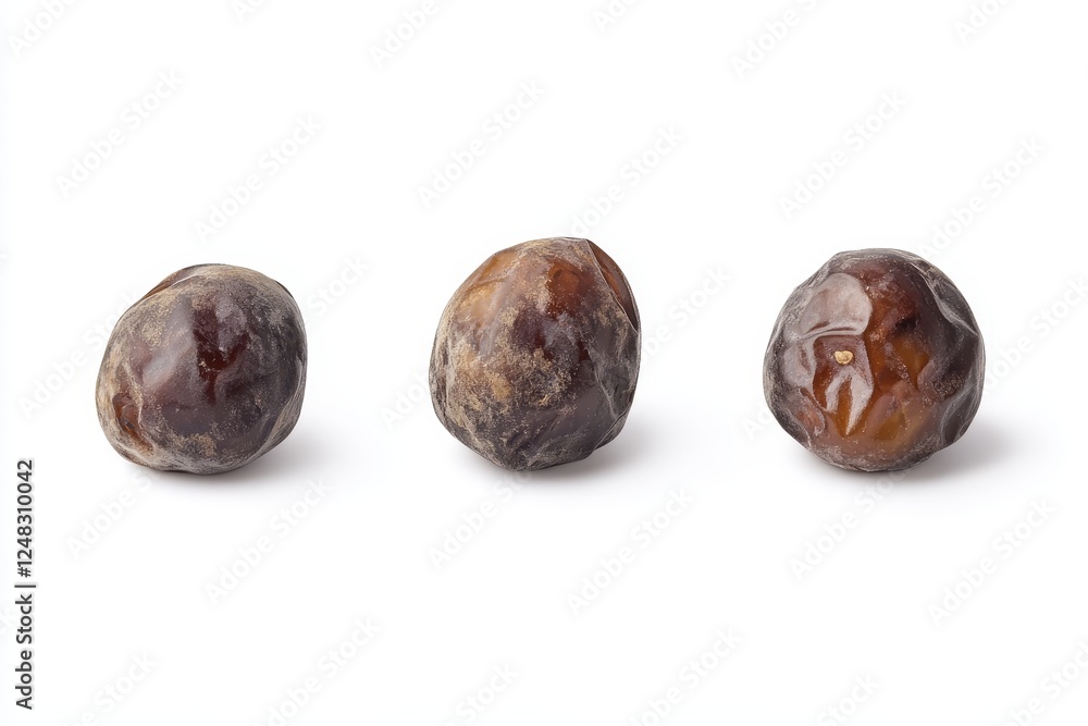 Three dried dates isolated on white background. Three dried dates isolated on white background.