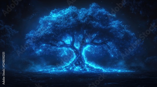 Illuminated tree glowing in a mystical night setting, surrounded by ethereal blue light and fog