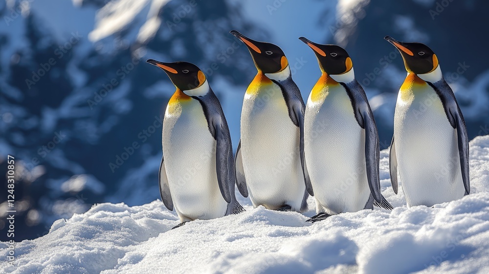 Fototapeta premium Four emperor penguins standing in a snowy landscape with mountains in the background