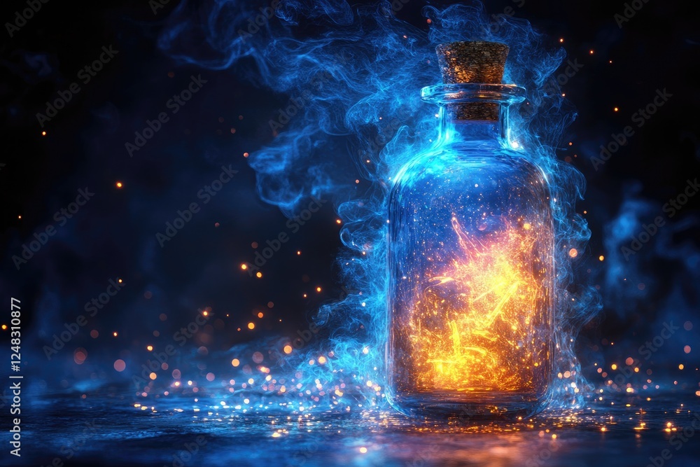 Glowing potion in a mystical bottle surrounded by swirling blue smoke and sparkling particles Glowing potion in a mystical bottle surrounded by swirling blue smoke and sparkling particles