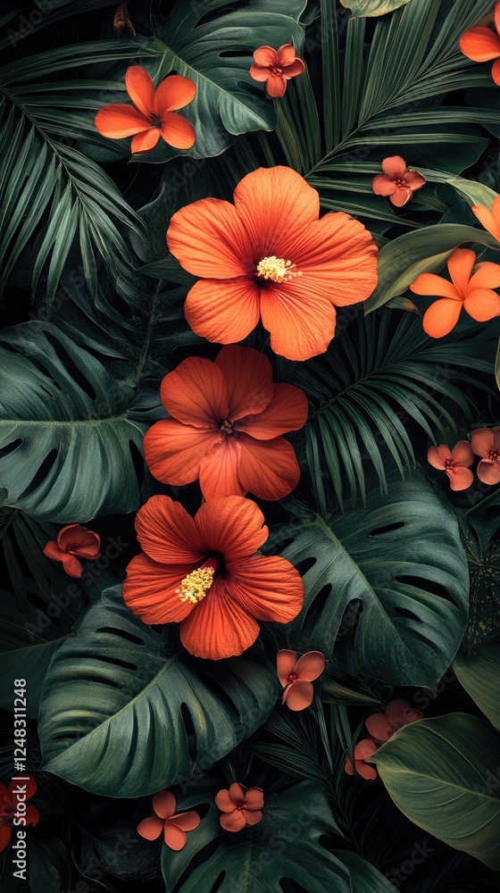 Naklejka premium Vibrant arrangement of orange hibiscus flowers among lush green foliage in a tropical setting