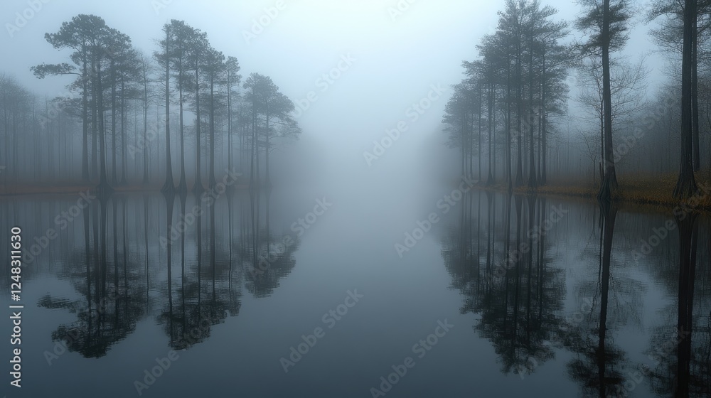 Fototapeta premium Misty lake surrounded by tall trees reflecting in calm water, creating a serene atmosphere