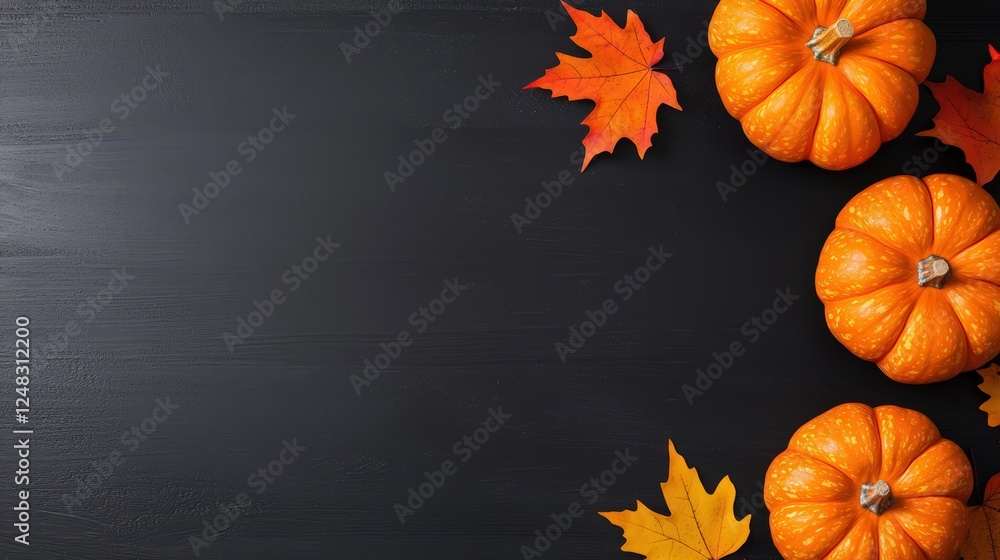 Orange pumpkins and autumn leaves on a black background with a chalkboard frame for fall decoration Orange pumpkins and autumn leaves on a black background with a chalkboard frame for fall decoration
