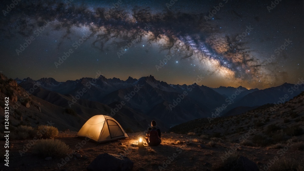 Obraz premium Camping under a starlit sky: A tranquil night in the mountains with a tent, lantern, and a breathtaking view.