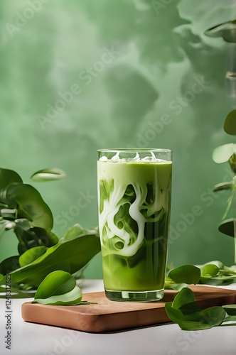 A glass of matcha latte displayed in a beautiful scenery green themed surrounder with green leaves studio quality  photo