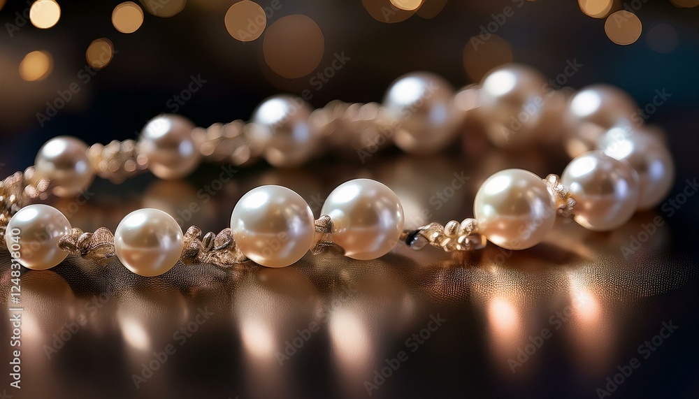 An artistic shot of a string of pearls, with soft reflections and delicate highlights, capturing the elegance and beauty of the jewelry in a subtle and refined way.