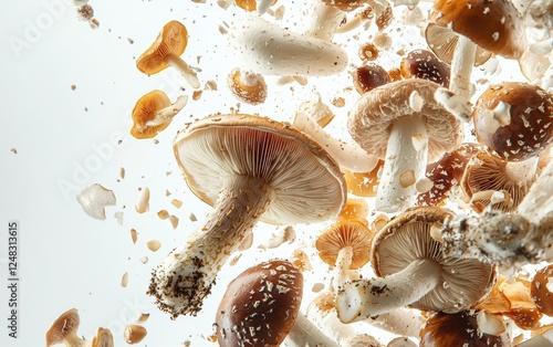 A dynamic assortment of wild mushrooms levitating in a natural floating motion clean white background photo