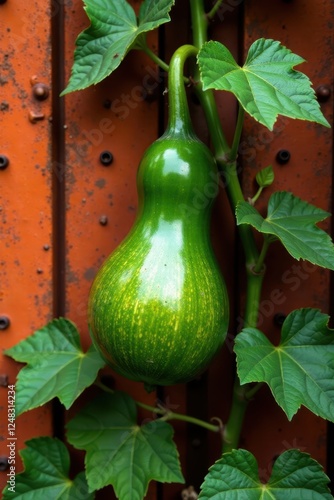 Lush gourd vine entwines rusty fence, vibrant green against orange metal , background, wall photo