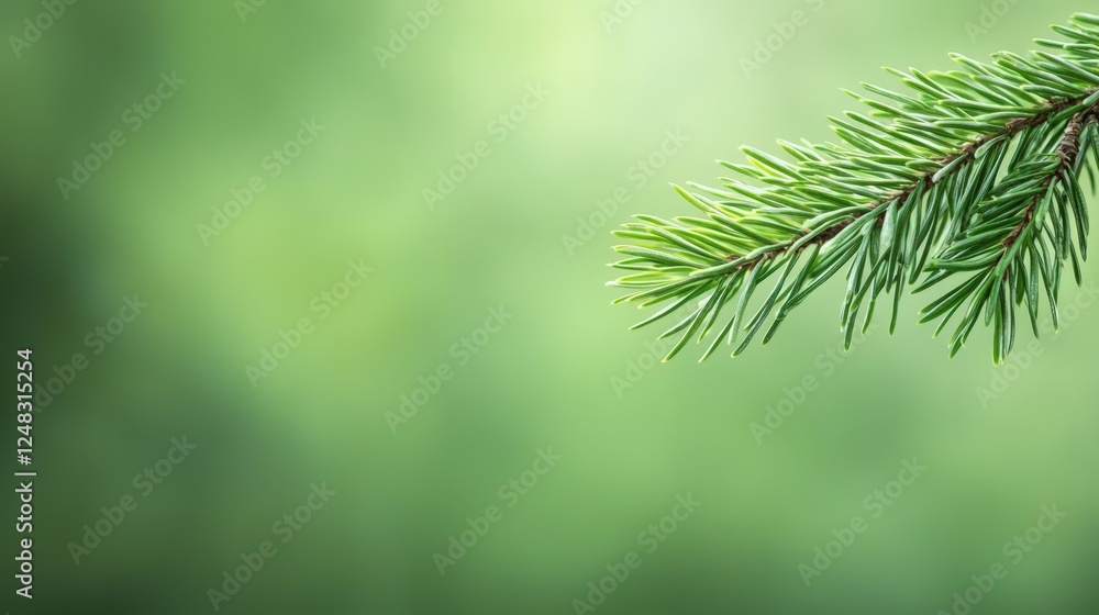 Close-up of a fluffy green spruce tree branch with blurred background of greenery in nature Close-up of a fluffy green spruce tree branch with blurred background of greenery in nature