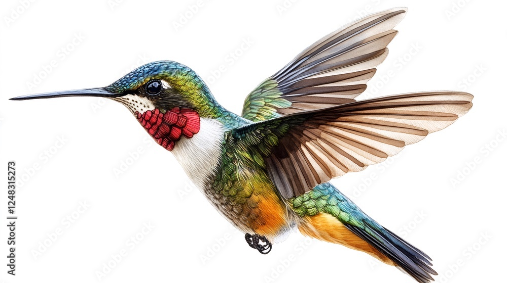 Fototapeta premium Vibrant hummingbird in mid flight with colorful feathers
