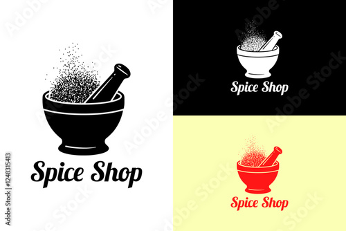 illustration of mortar and pestle with ground spices, spice shop, food blogger, restaurant, kitchen, herbal, herb, food cart, food truck, spicy, food vlogger, chef, vector, abstract, logo, silhouett