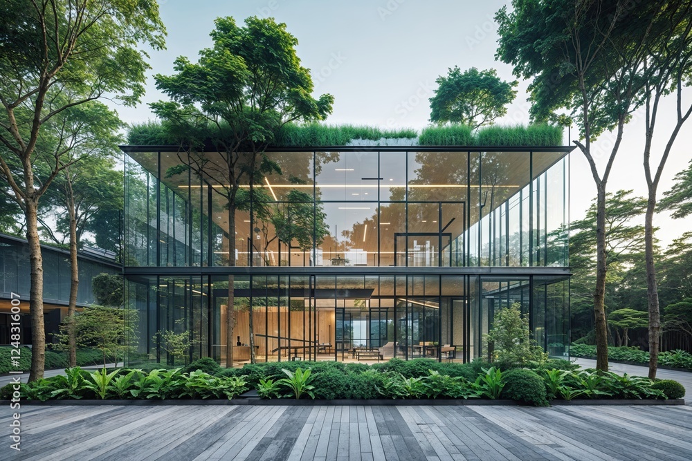 Fototapeta premium Modern Architecture Image of a Glass Building Surrounded by Green Plants and Trees for an Environmentally Friendly Business Concept