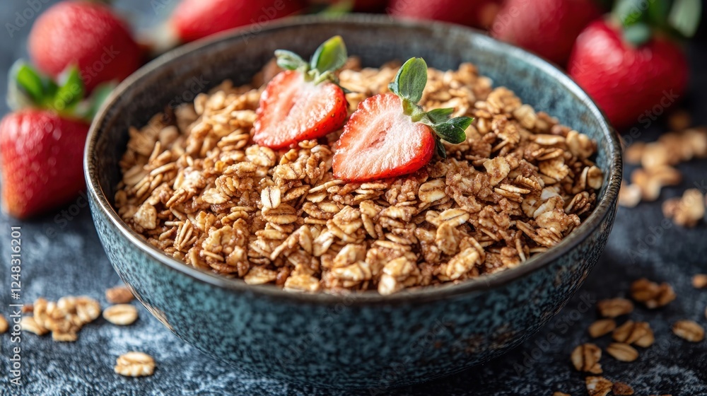 Granola breakfast bowl, strawberries, kitchen Granola breakfast bowl, strawberries, kitchen