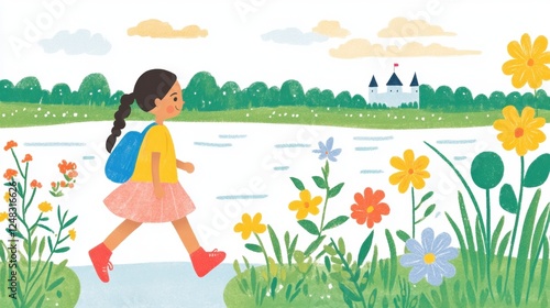 Wallpaper Mural Young Girl Walking in Nature with Bright Flowers and Castle View Torontodigital.ca