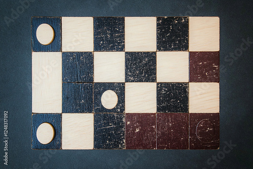 Checkerboard Game Board with Pieces - Distressed Wooden Texture photo