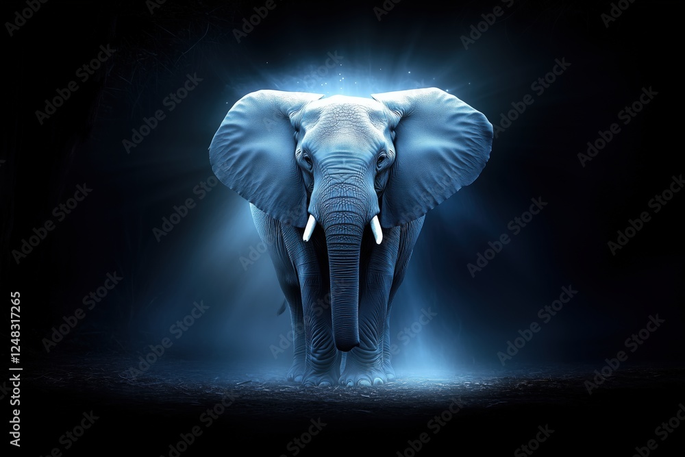 Obraz premium Front-facing portrait of an elephant under a spotlight on a dark background. power and focus concept