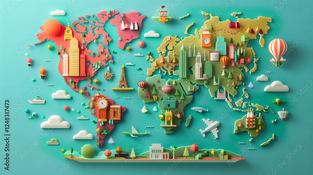 Obraz premium Colorful 3D World Map Illustration with Landmarks and Elements