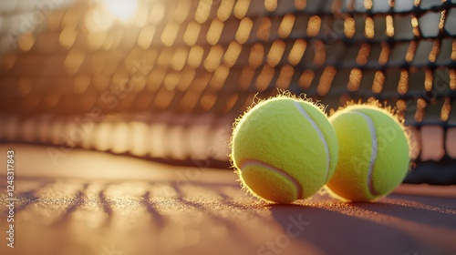 Close-up of two tennis balls on a tennis court with a mesh background for sports and recreation concepts photo