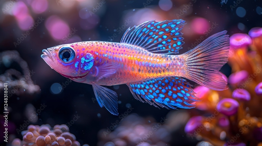 Fototapeta premium Glowing Celestial Pearl Danio Fish Illuminated in Tranquil Underwater Scene