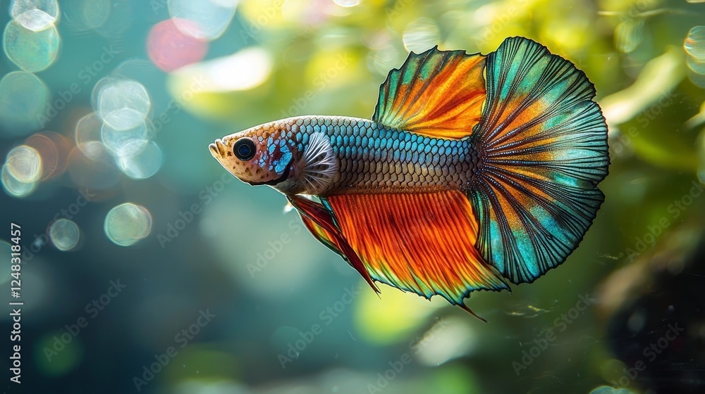 Guppy Fish with Vibrant Rainbow Hued Fins Swimming Amidst Lush Aquatic Plants Guppy Fish with Vibrant Rainbow Hued Fins Swimming Amidst Lush Aquatic Plants