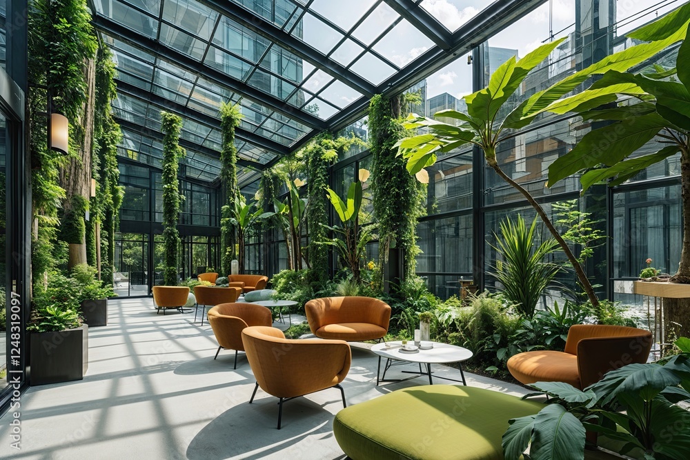 Naklejka premium Modern Glass Venue with Botanical Elements for Sustainable Business Solutions