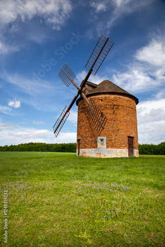 Chvalkovice windmill surrounded by rolling farmland. Moravia, Czech Republic.