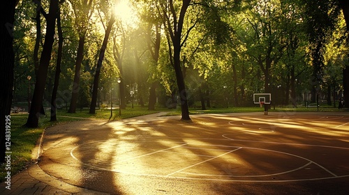 Sunny park basketball court, golden hour photo