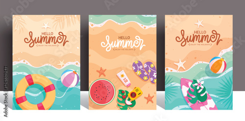Hello summer greeting clipart poster set. Summer text with tropical elements clip art collection in colorful beach abstract background for vacation trip vector illustration.
