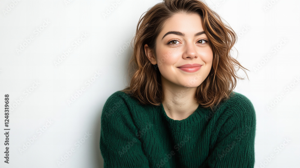 Smiling young woman in a green sweater with glowing skin, isolated on a soft blue background, perfect for beauty and lifestyle concepts.
Smiling young woman in a green sweater with glowing skin, isolated on a soft blue background, perfect for beauty and lifestyle concepts.