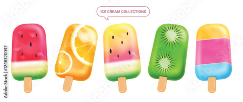 Ice cream icon clip art set. Popsicle with tropical fruit flavor like watermelon, orange and kiwi clip art summer cold dessert collection vector illustration.
