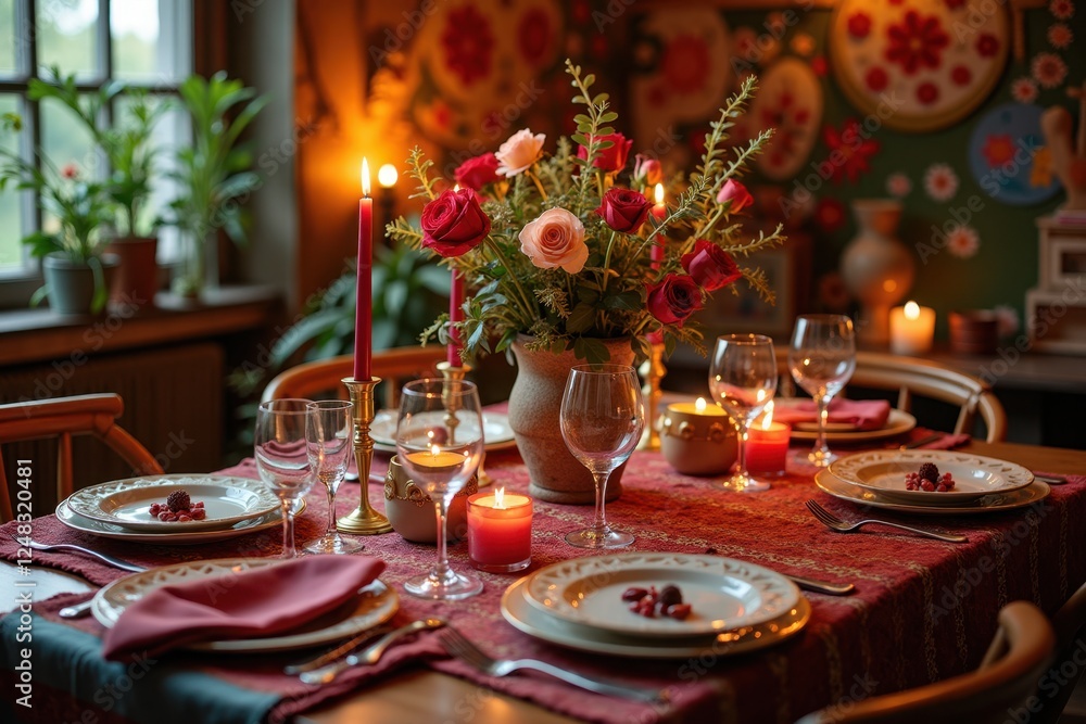 A charming table set for a romantic dinner with A charming table set for a romantic dinner with